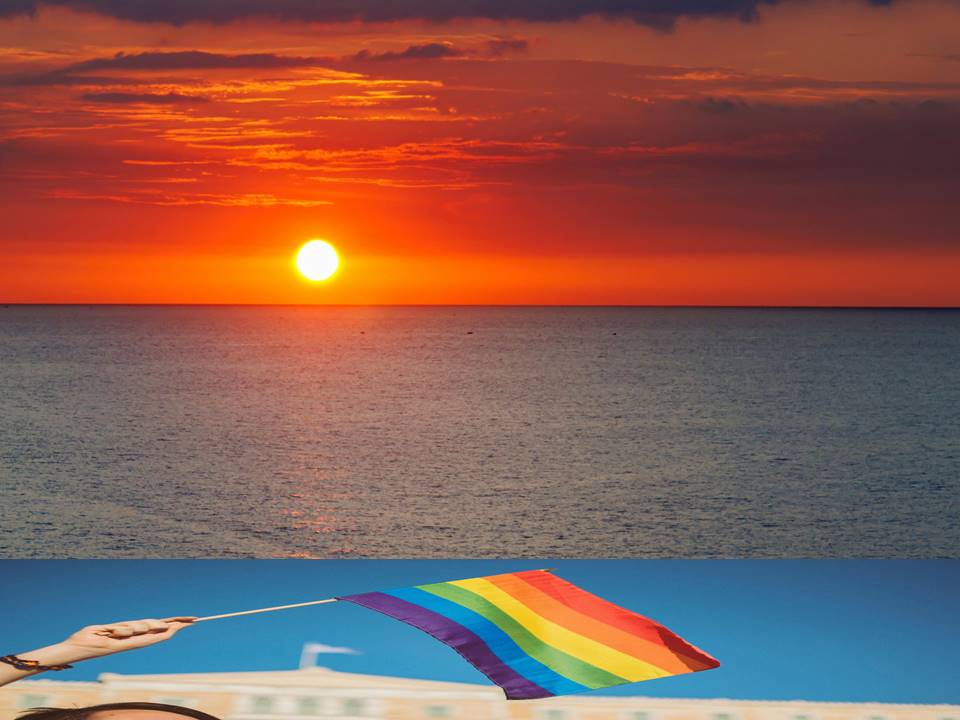 Rainbow flag waving against tropical Sri Lankan sunset with palm trees