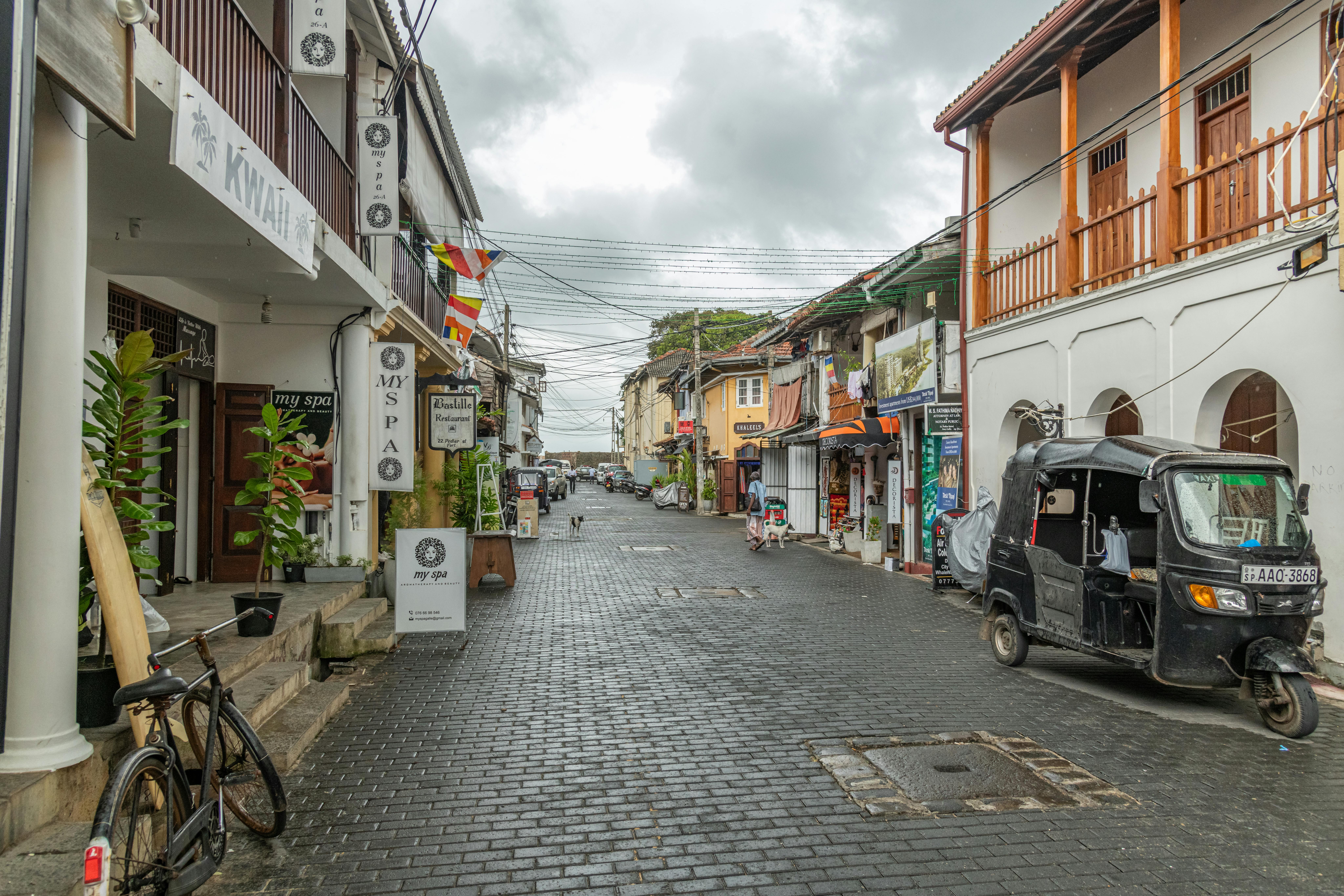 Colonial street with boutique shops in Galle Fort