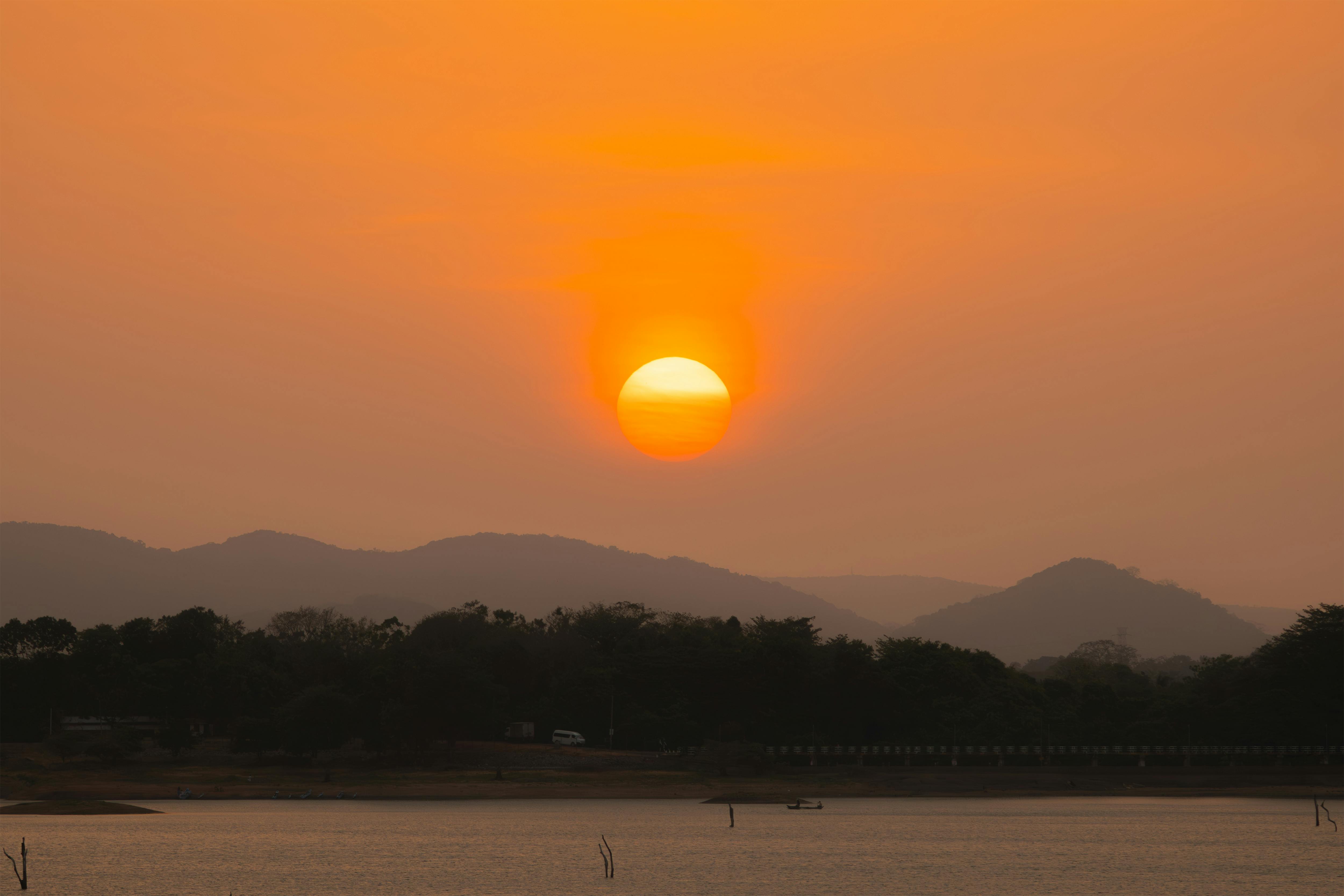 Kandalama Lake panoramic view from resort at sunset